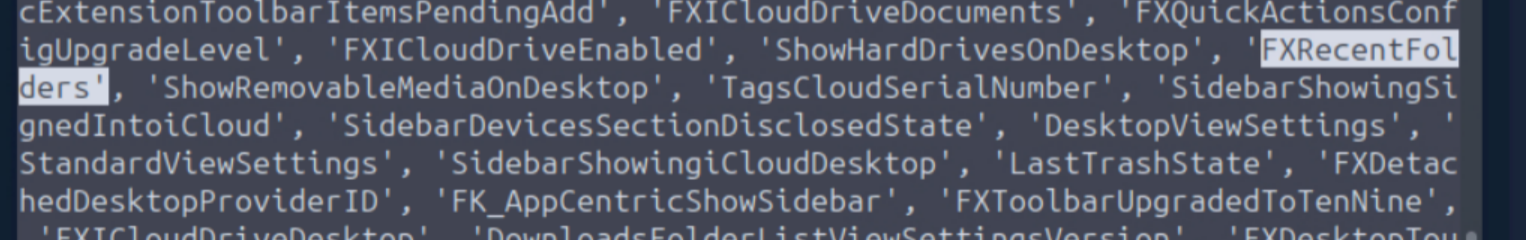 Python plistlib output showing plist keys including FXRecentFolders